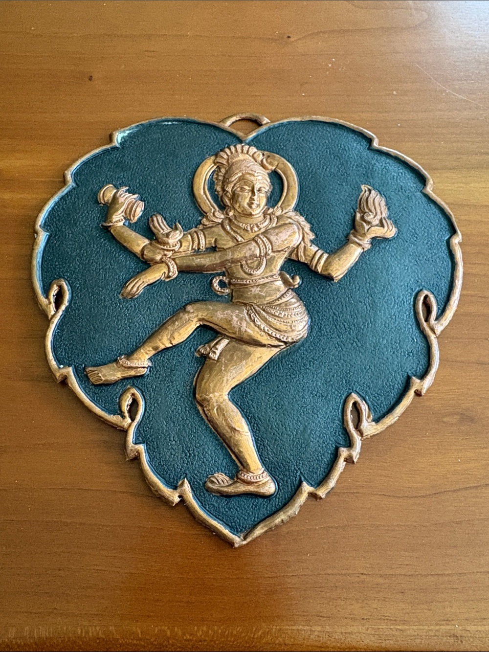 Copper Toned Dancing Shiva leaf shape Wall Plaque on black Backing. New